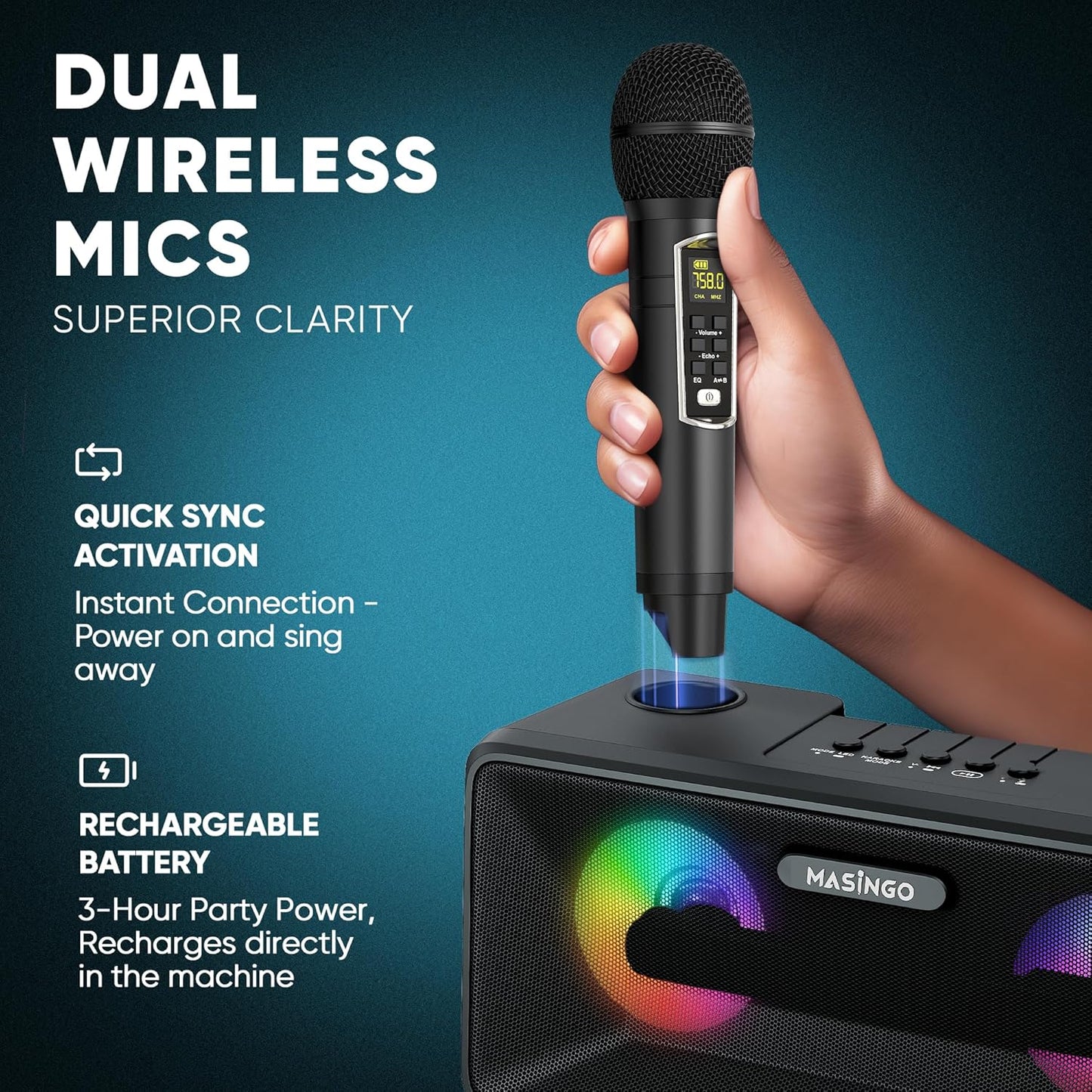 MASINGO Karaoke Machine for Adults and Kids with 2 Wireless Microphones, Portable Bluetooth Singing Speaker, Colorful LED Lights, PA System, Lyrics Display Holder, and TV Cable. Presto G2