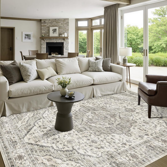 Area Rug 4x6 for Living Room - Vintage Machine Washable Soft Indoor Boho Rug for Bedroom Decor, Non-Slip Backing Farmhouse Cream/Grey