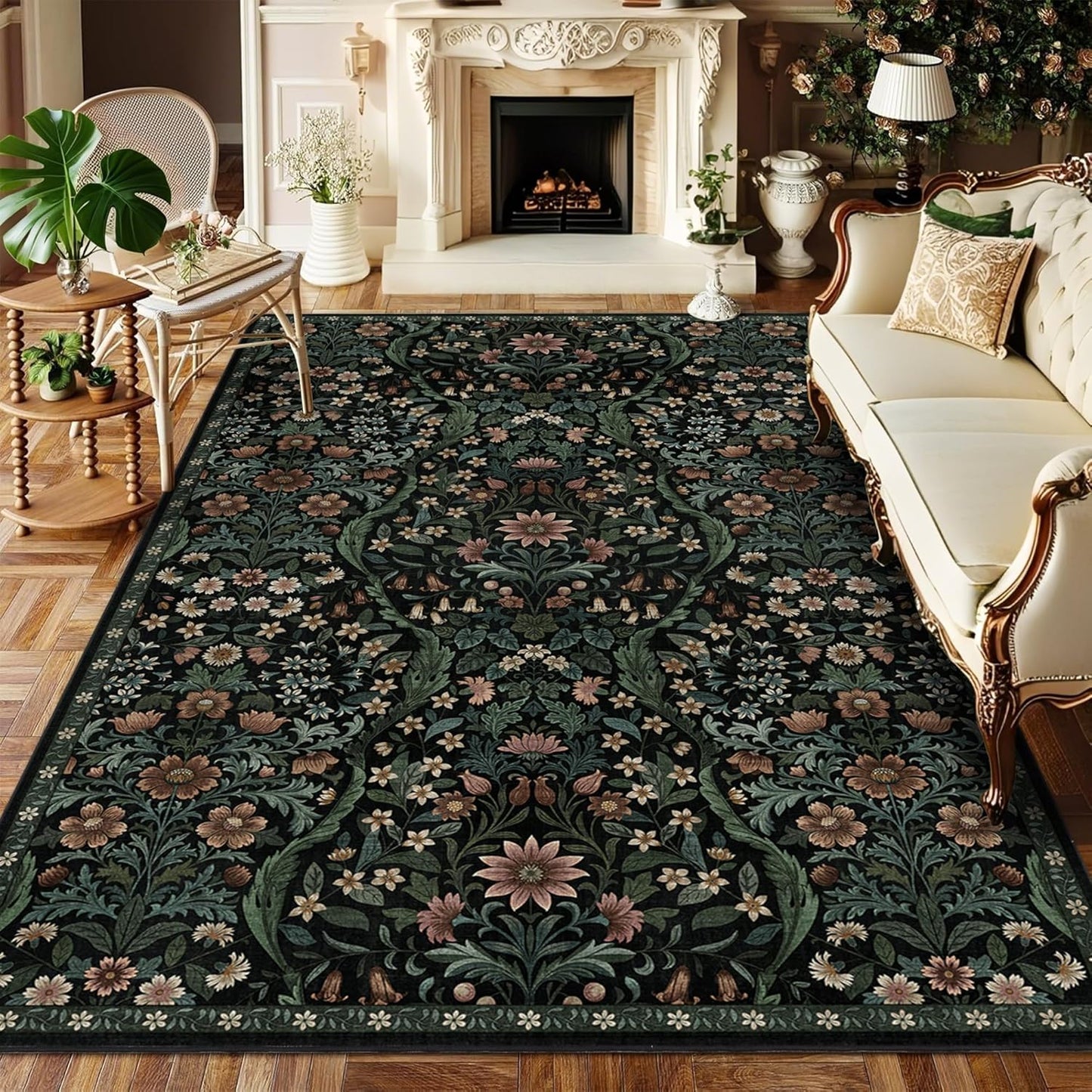 5×7 Black Washable Floral Area Rug,Vintage Boho Soft Low-Pile Living Room Rugs, Stain Resistant Botanical Non-Slip Carpet for Bedroom,Dining Room, Kids Nursery,Home Decor