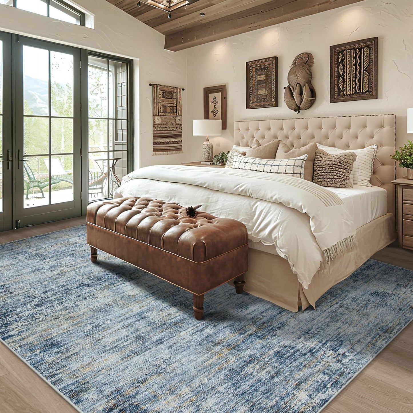 Area Rug 9x12 Washable Rugs: Abstract Large Living Room Rugs with Non-Slip Backing, Thin Carpet for Dining Room Table Bedroom Nursery Indoor Home Office-Blue Brown