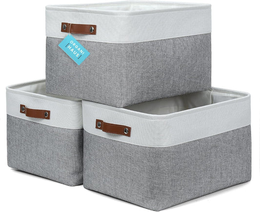 OrganiHaus Extra Large Fabric Storage Baskets for Shelves 3 Pack | 16x13in Closet Storage Bins for Shelves | Cloth Baskets for Organizing | Linen Closet Organizers | Fabric Storage Bin - Gray/White