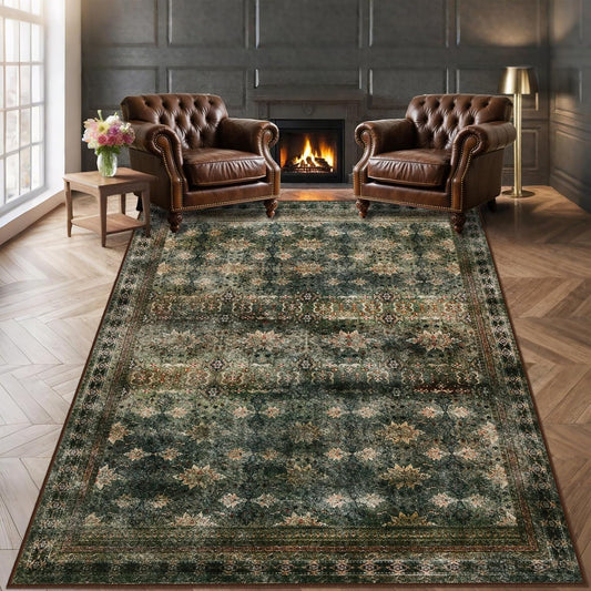6x9 Washable Area Rug Non Slip, Thin Vintage Floral Living Room Rug Low Pile, Indoor Large Distressed Print Carpet for Bedroom, Dining Room, Farmhouse, Home Office, Dorm(Dark Green/Brown/Multi)