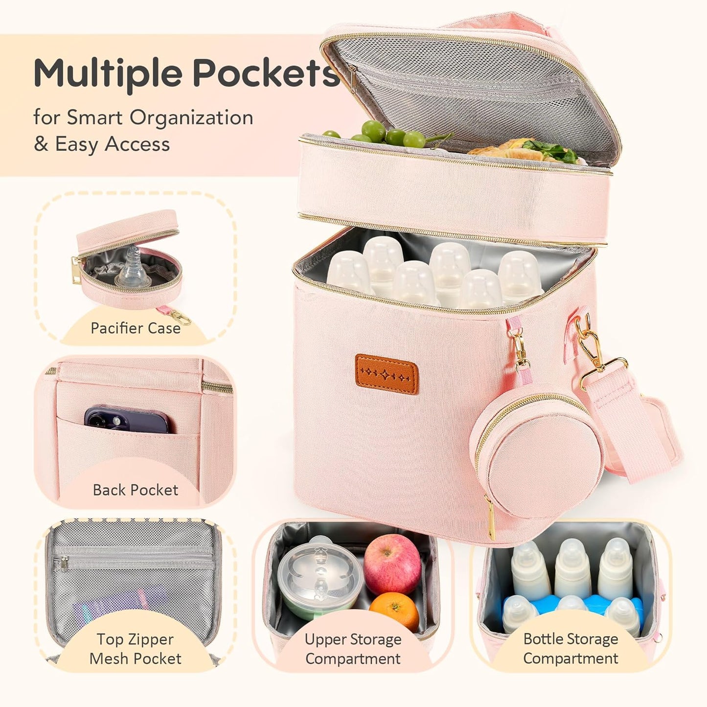 Breastmilk Cooler Bag with Ice Pack & Pacifier Case, Large Double Layer Insulated Baby Bottle Cooler Fits 6 Bottles, Breast Pump Storage Bag for Working Nursing Moms, with Gift Box