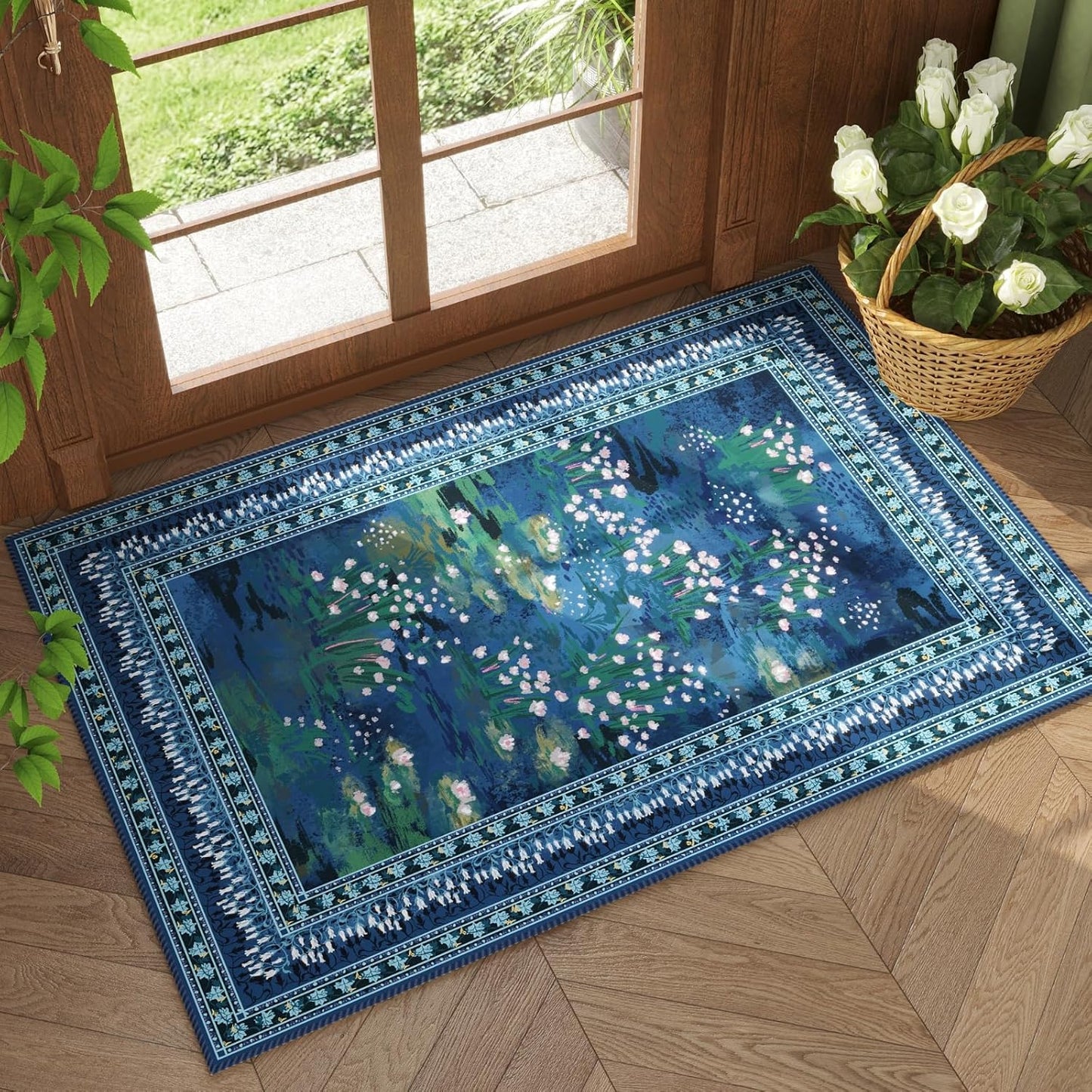 2x3 Rug Impressionist-Style Vintage Indoor Door Mat Machine Washable Small Area Rug Non-Slip Low Pile Throw Rugs for Entryway Kitchen Front Door Indoor Entrance Entry Kids Room, Blue