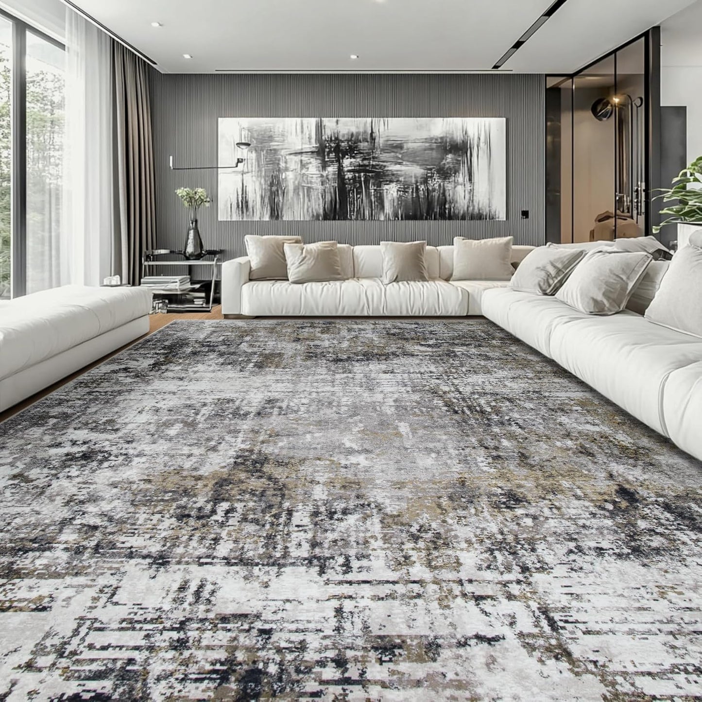 10x14 Area Rugs Large Living Room Rug Washable: Modern Abstract Rug Indoor Modern Carpet Non Slip for Dining Room Bedroom Nursery Home Office Black Gold