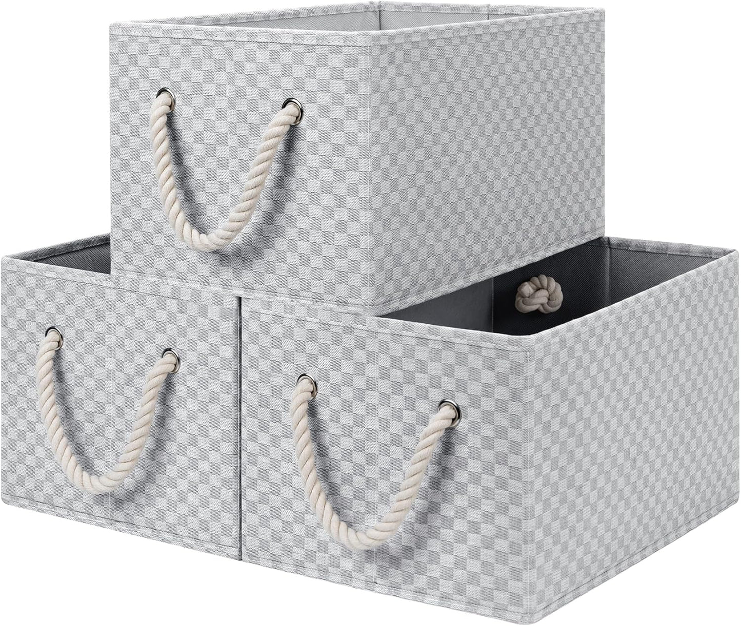 StorageWorks Storage Baskets for Shelves, Foldable Fabric Closet Storage Bins with Handles, Fabric Storage Bins Clothes Organizer, Gray Check, 3-Pack, Large