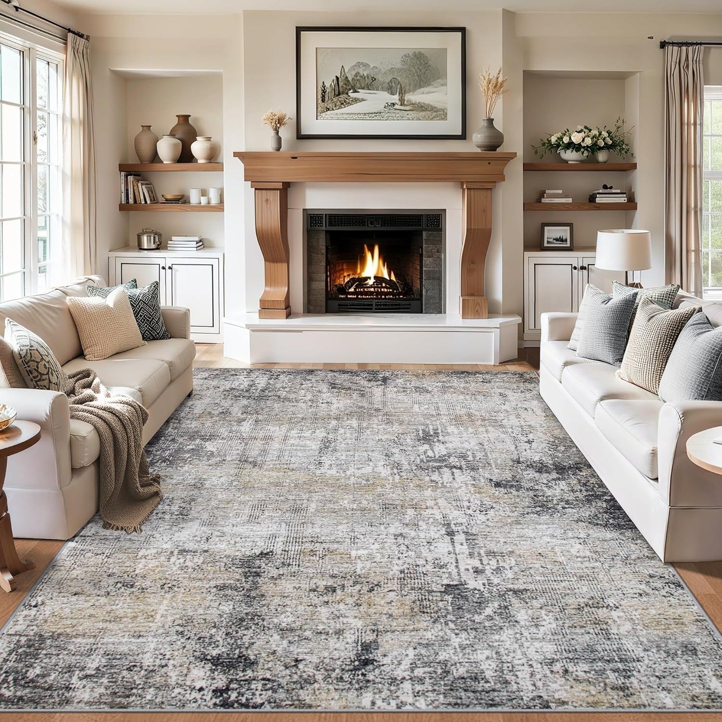 Area Rugs 10x14 Living Room - Washable Rug Modern Abstract Soft Large Neutral Non-Slip Carpet Indoor Floor Thin Carpets for Bedroom Dining Room Farmhouse Nursery Home Office Brown Black Grey