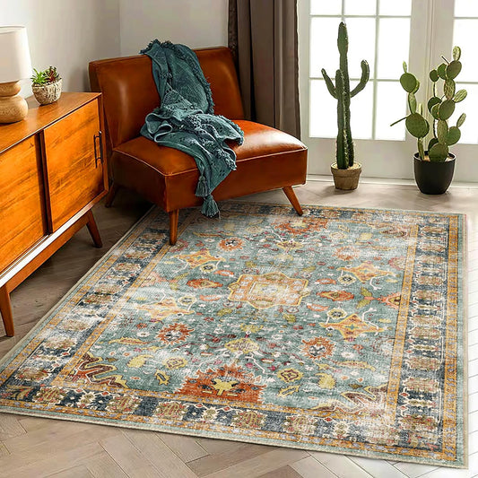 Area Rug 3'x5' Washable Vintage Traditional Floor Rugs Cover Foldable Thin Retro Accent Indoor Distressed Non Slip Carpet Floral Print Mat Bedroom Living Room Bathroom