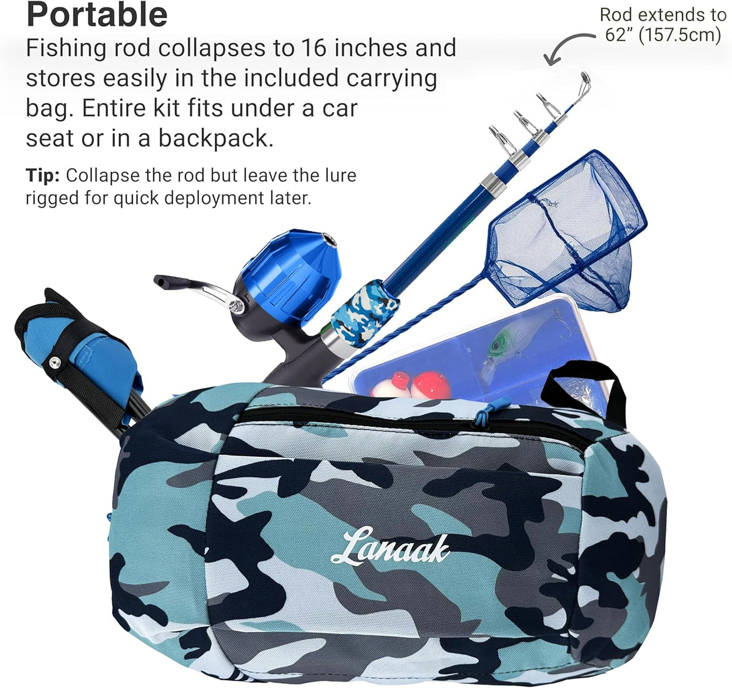 Kids Fishing Pole, Kids Portable Telescopic Fishing Rod Set, Tackle Box and Fishing Net Combo Kit, Kids Fishing Gear for Boys and Girls Age 5-10 and Youth