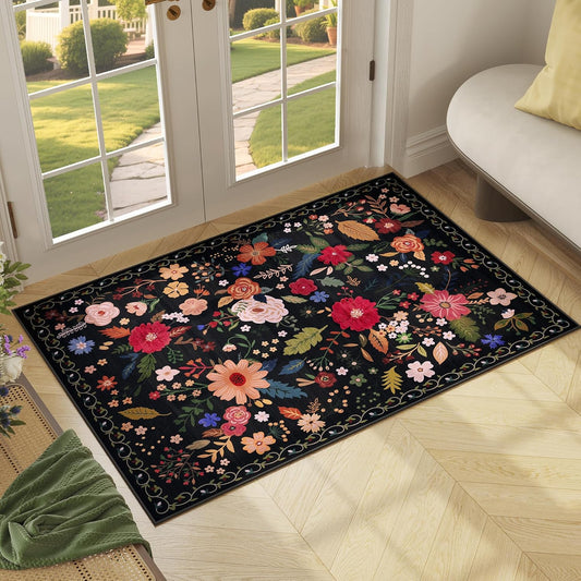2x3 Washable Rug for Entryway, Floral Soft Small Area Rug, Non Slip Doormat Indoor Entrance Carpet, Flower Low Pile Front Door Throw Rug for Bedroom, Kitchen, Laundry, Bathroom, Black