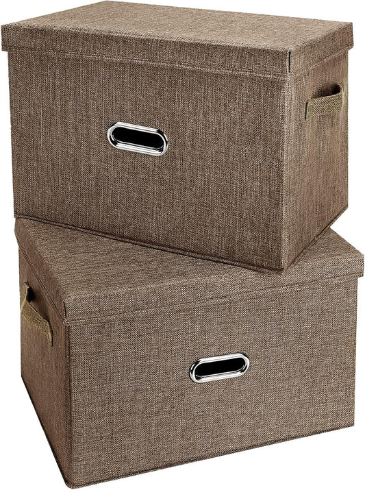 Large Linen Fabric Foldable Storage Bins with Removable Lid and Handles, Washable Storage Box Organizer Containers Baskets Cube with Cover for Bedroom,Closet,Office (Coffee, Large(2-Pack))