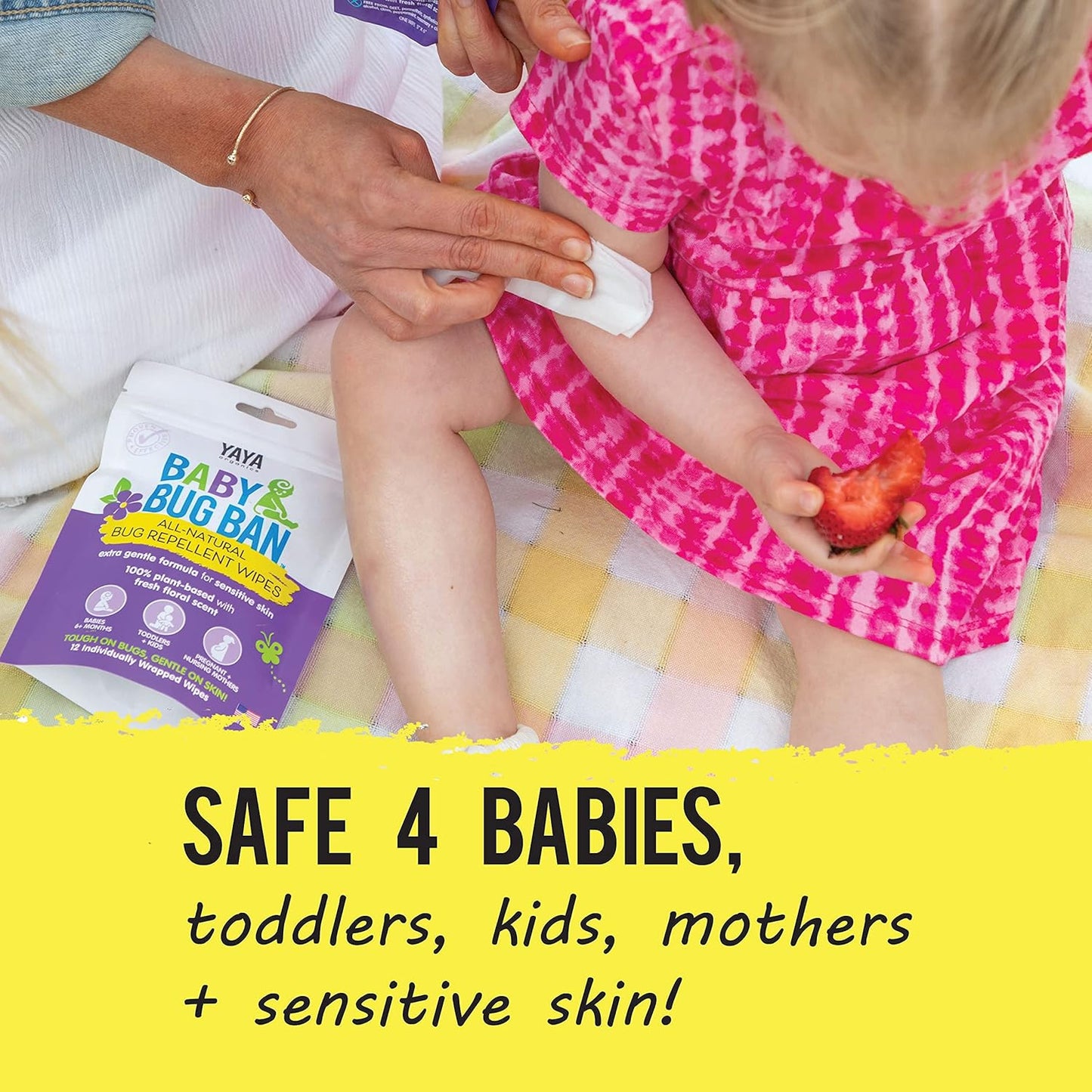 YAYA ORGANICS Baby Bug BAN Insect Repellent Wipes – All-Natural, DEET-Free, Non-Toxic, for Babies, Kids and Sensitive Skin (48 Count, Pack of 4)
