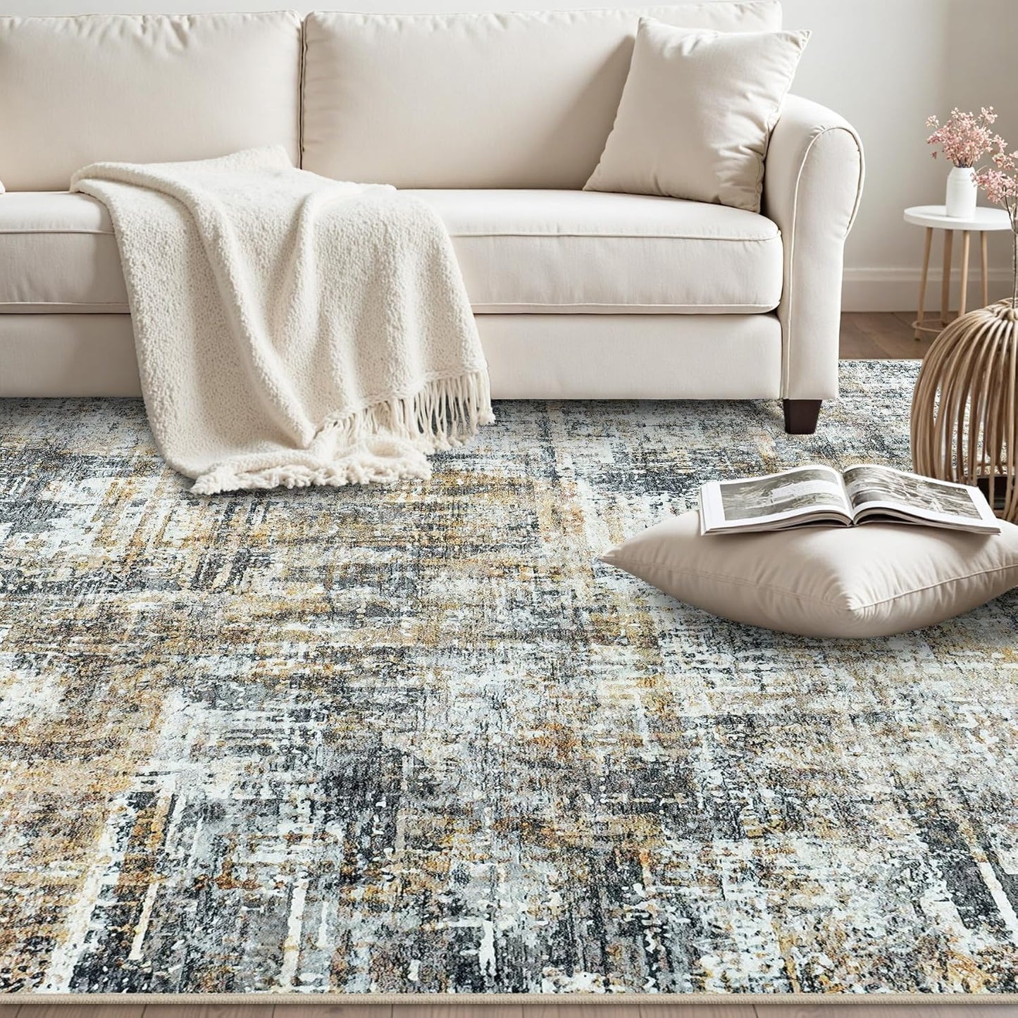Area Rug 9x12 Washable Rugs: Abstract Large Living Room Rugs with Non-Slip Backing, Stain Resistant Indoor Floor Carpet for Bedroom Dining Room Table Nursery Hallway Home Office Brown/Gray