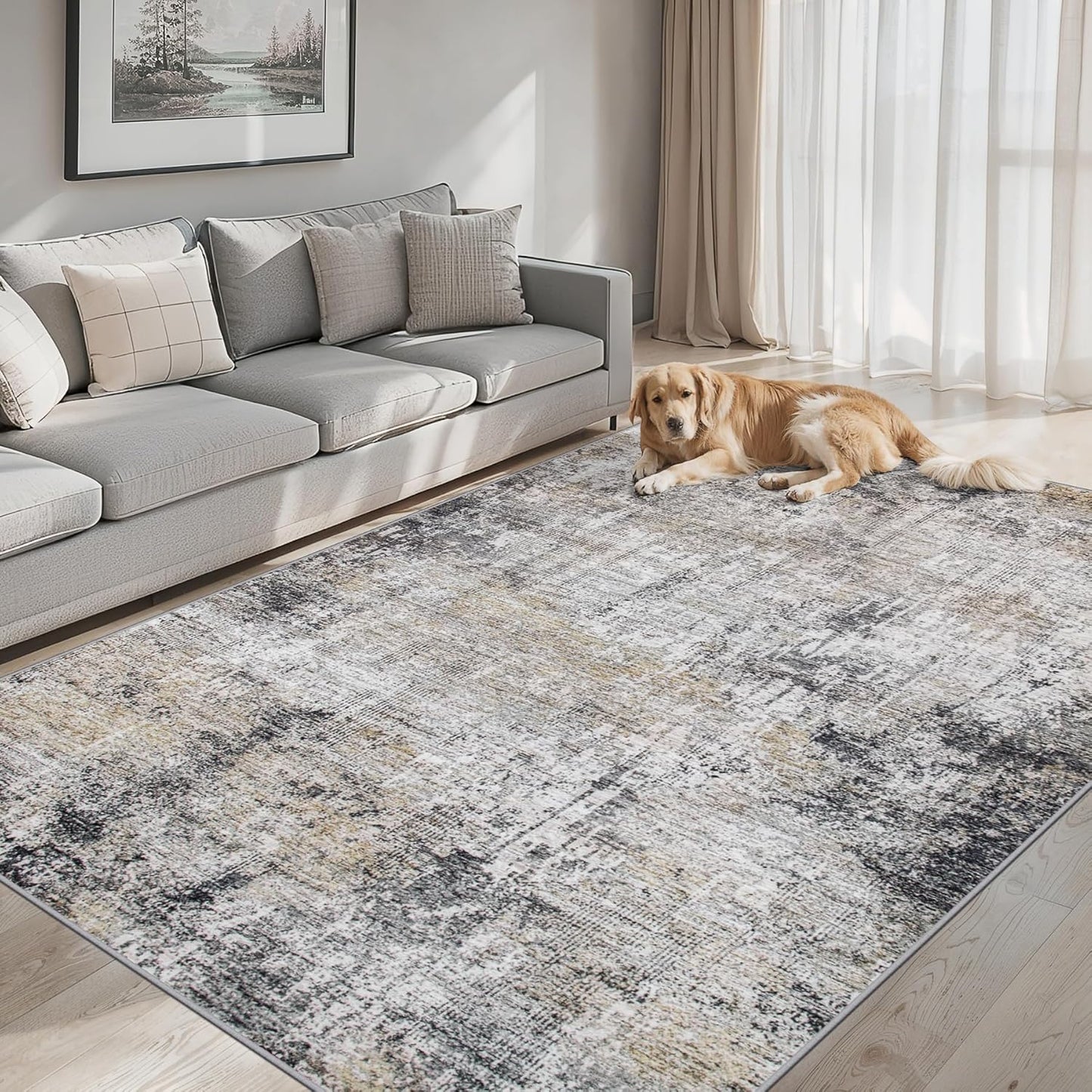 Area Rugs 10x14 Living Room - Washable Rug Modern Abstract Soft Large Neutral Non-Slip Carpet Indoor Floor Thin Carpets for Bedroom Dining Room Farmhouse Nursery Home Office Brown Black Grey