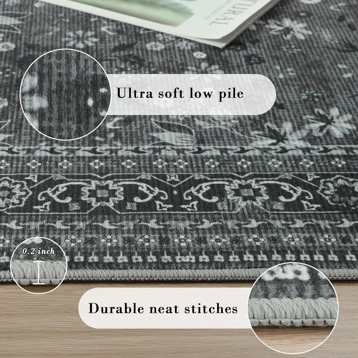 2x6 Washable Kitchen Runner Rug for Hallways, Non Slip Laundry Runners for Bathroom, Low Pile Rubber Backed Rugs for Entryway, Vintage Floral Carpet for Living Room Bedroom Black/Gray