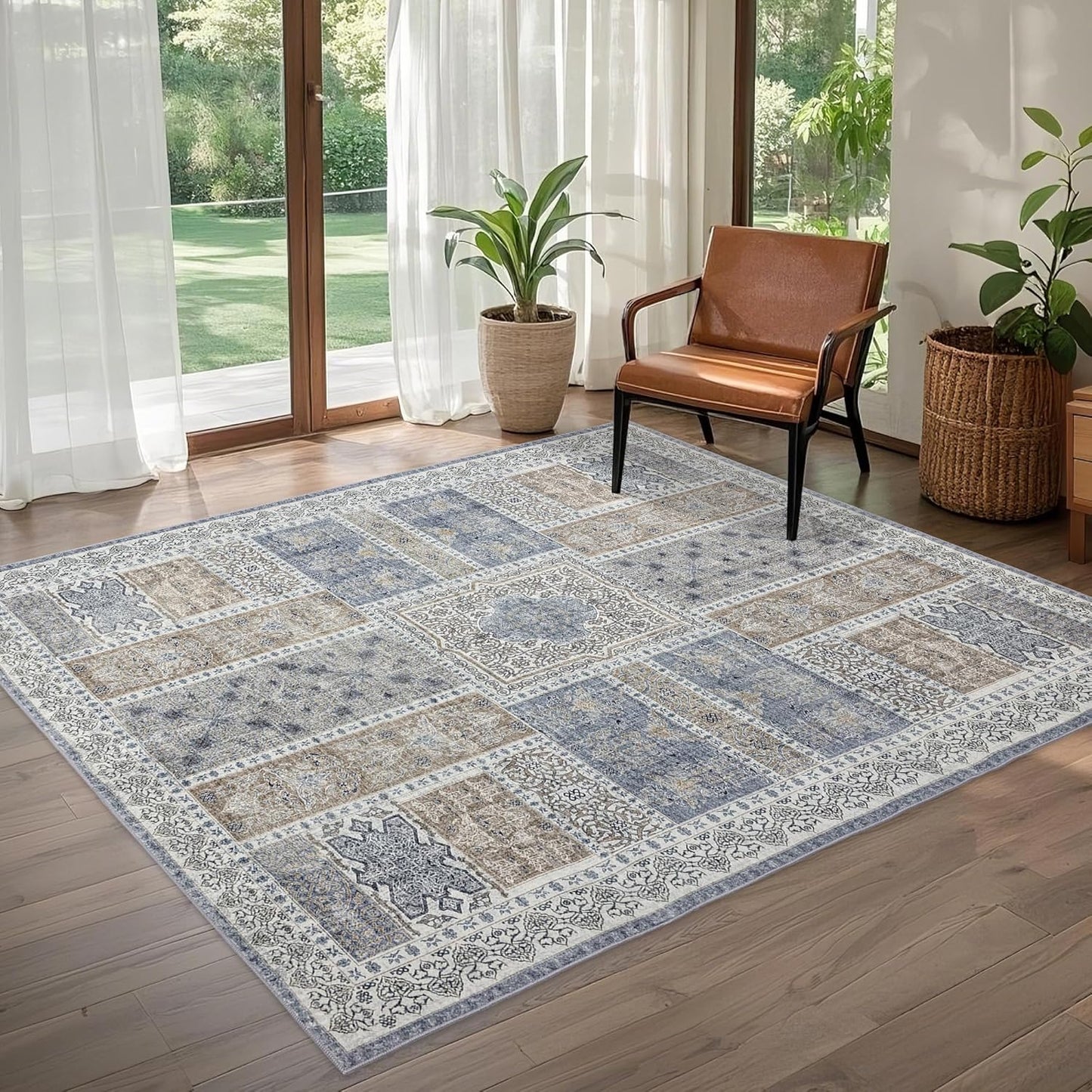 4x6 Area Rug Washable: Oriental Soft Area Rug for Living Room Bedroom No Shedding - Low Pile Thin Carpet Rug for Dining Room Non Slip - Boho Vintage Rug for Home Decor - Blue Grey