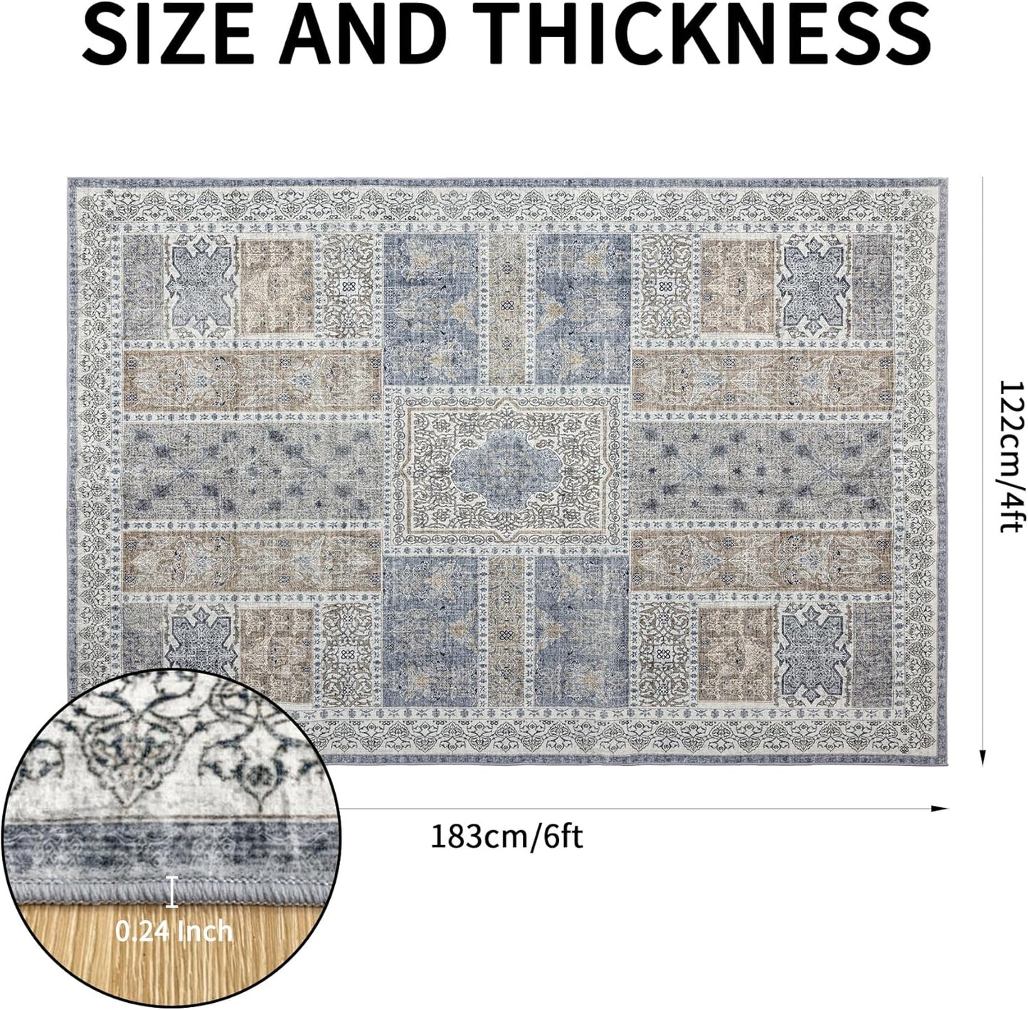 4x6 Area Rug Washable: Oriental Soft Area Rug for Living Room Bedroom No Shedding - Low Pile Thin Carpet Rug for Dining Room Non Slip - Boho Vintage Rug for Home Decor - Blue Grey