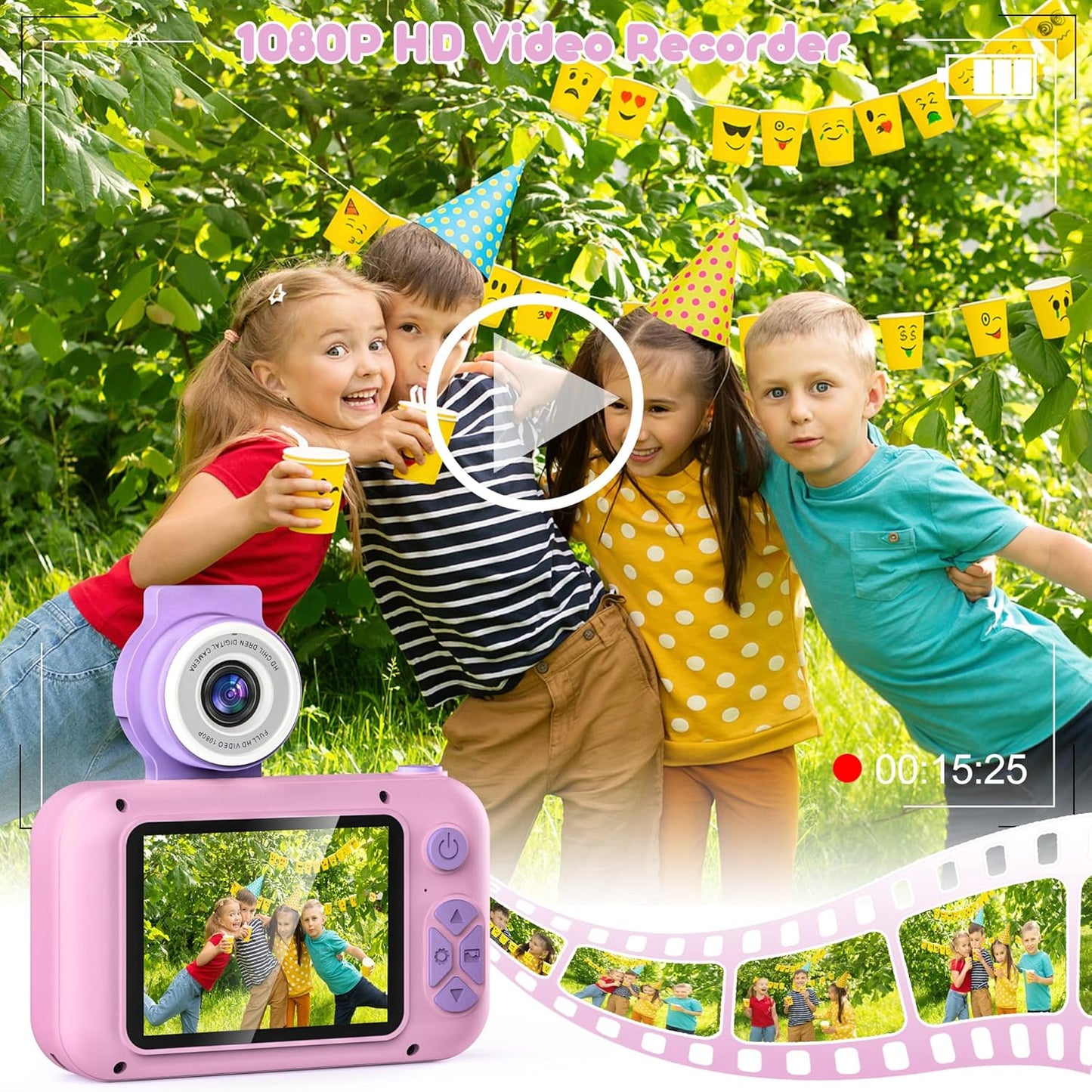Kids Camera with 180° Flip-up Lens for Selfie & Video, HD Digital Video Cameras for Toddler with 32GB SD Card, Ideal for 3-8 Years Old Girls Boys on Birthday Christmas Party as Gift