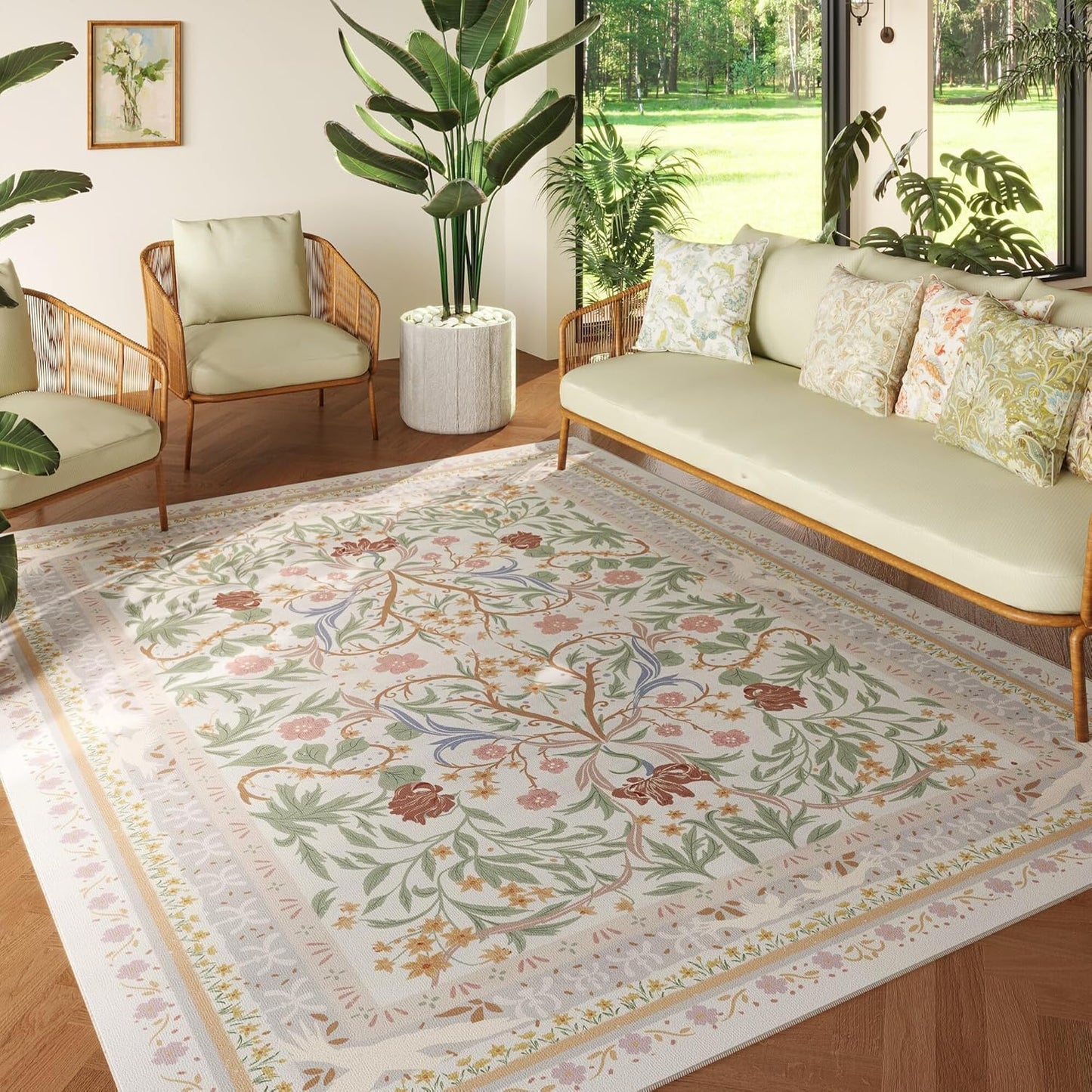 5x7 Washable Rug Vintage Floral Botanical Area Rug Non Slip Low Pile Large Rugs for Living Room, Bedroom, Farmhouse, Dining Room, Kids Playroom, Beige