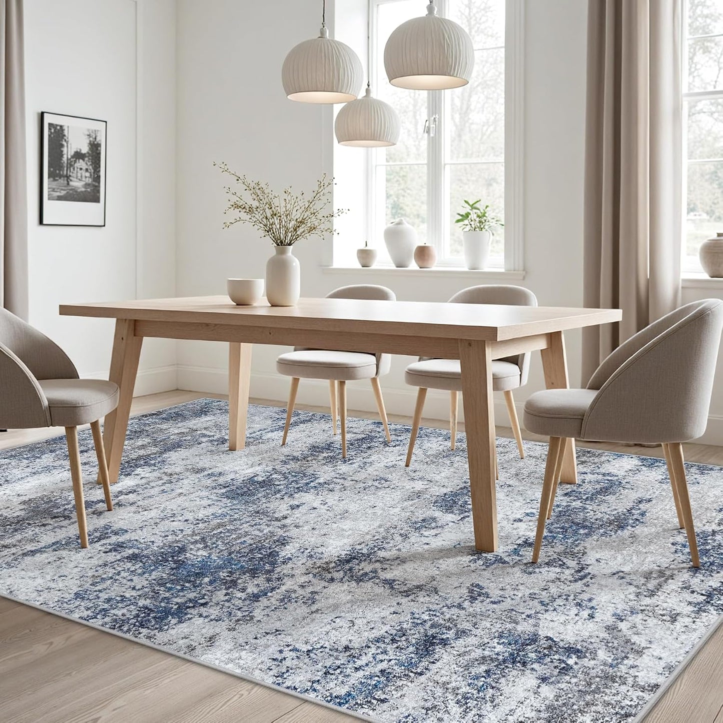 Area Rug 9x12 Washable Rugs: Abstract Large Living Room Rugs with Non-Slip Backing, Stain Resistant Indoor Floor Carpet for Bedroom Dining Room Table Nursery Hallway Home Office Blue/Gray/Black