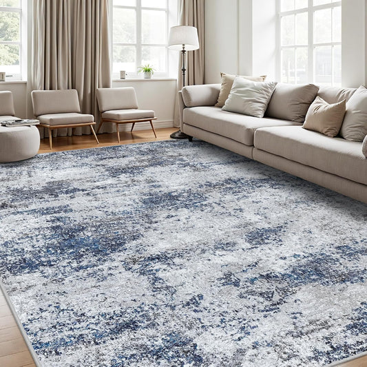 Area Rug 9x12 Washable Rugs: Abstract Large Living Room Rugs with Non-Slip Backing, Stain Resistant Indoor Floor Carpet for Bedroom Dining Room Table Nursery Hallway Home Office Blue/Gray/Black