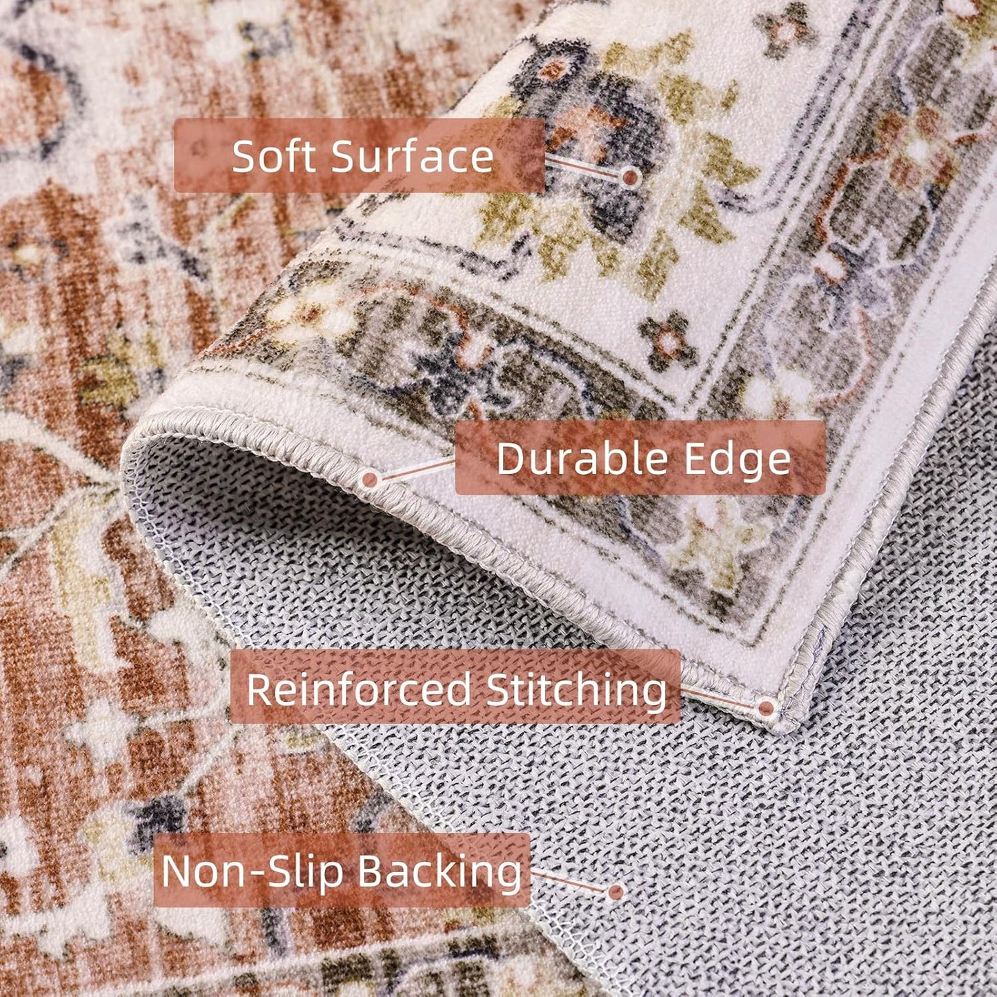 8x10 Rugs for Bedroom, Vintage Washable Rugs Non Slip Large Area Rug for Living Room Dining Room Office, Floor Decoration Big Carpet Low-Pile Kid & Pet Friendly(Border Brick Red)