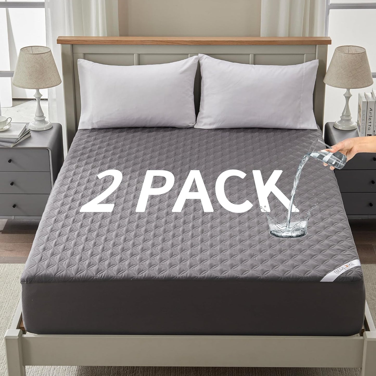 2 Pack Waterproof Mattress Protector, King Size Mattress Pad with Deep Pocket 6"-18" Depth, Soft Breathable Dirt-Proof Single Bed Mattress Cover for Bedroom, Dorm Room (Gray)