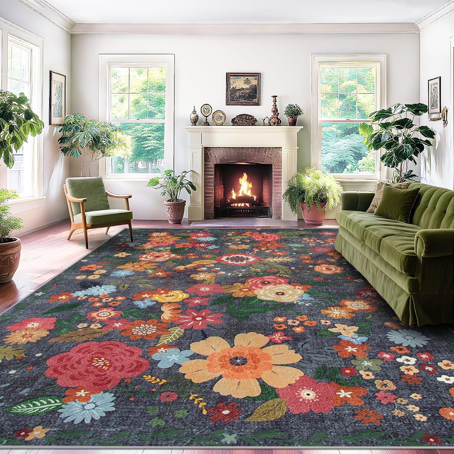 8x10 Area Rug for Living Room: Vintage Floral Washable Rug Soft Boho Non Slip Carpet Large Indoor Floor Non Shedding Low Pile Thin Carpets for Bedroom Dining Room Farmhouse Nursery Home Office Black