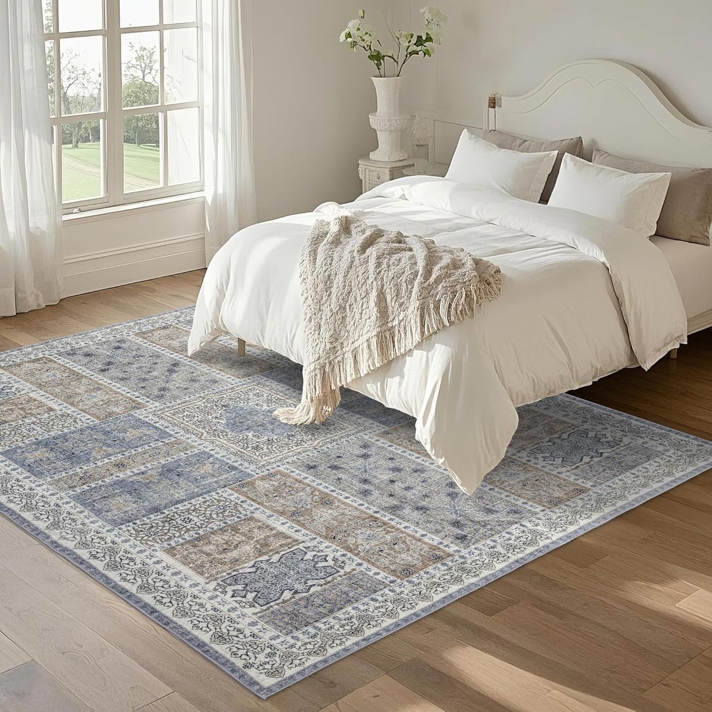 6x9 Area Rugs Washable: Oriental Soft Area Rug for Living Room Bedroom No Shedding - Low Pile Thin Carpet Rug for Dining Room Non Slip - Boho Vintage Rug for Home Decor - Blue Grey