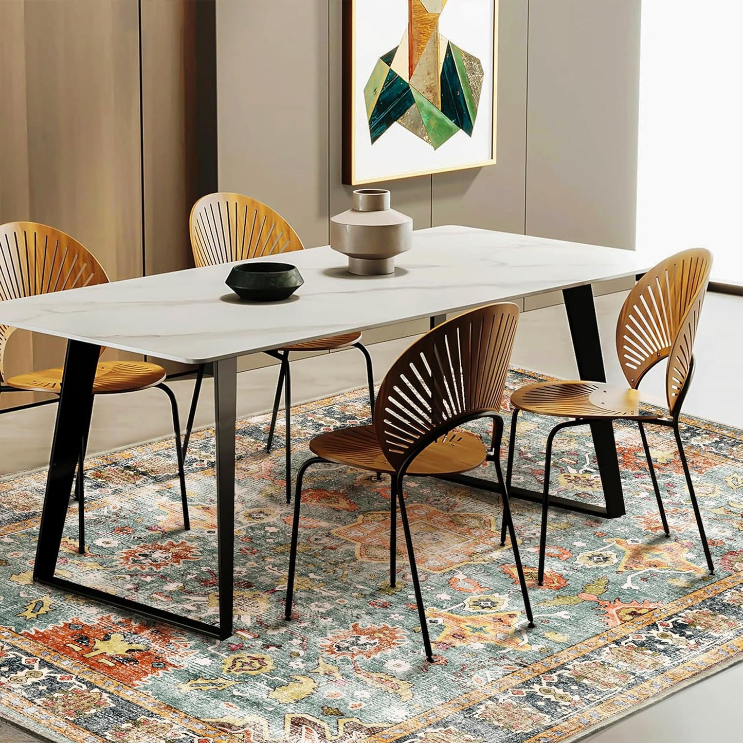 Area Rug 3'x5' Washable Vintage Traditional Floor Rugs Cover Foldable Thin Retro Accent Indoor Distressed Non Slip Carpet Floral Print Mat Bedroom Living Room Bathroom